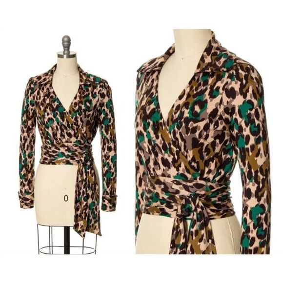 DIANE VON FURSTENBERG Top SZ 6 Vintage Silk Jersey Leopard Animal Print 70s Wrap - Picture 1 of 14